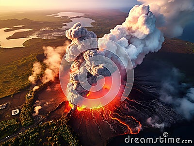 Aerial shot of KiÃŒâ€žlauea volcano erupting Cartoon Illustration